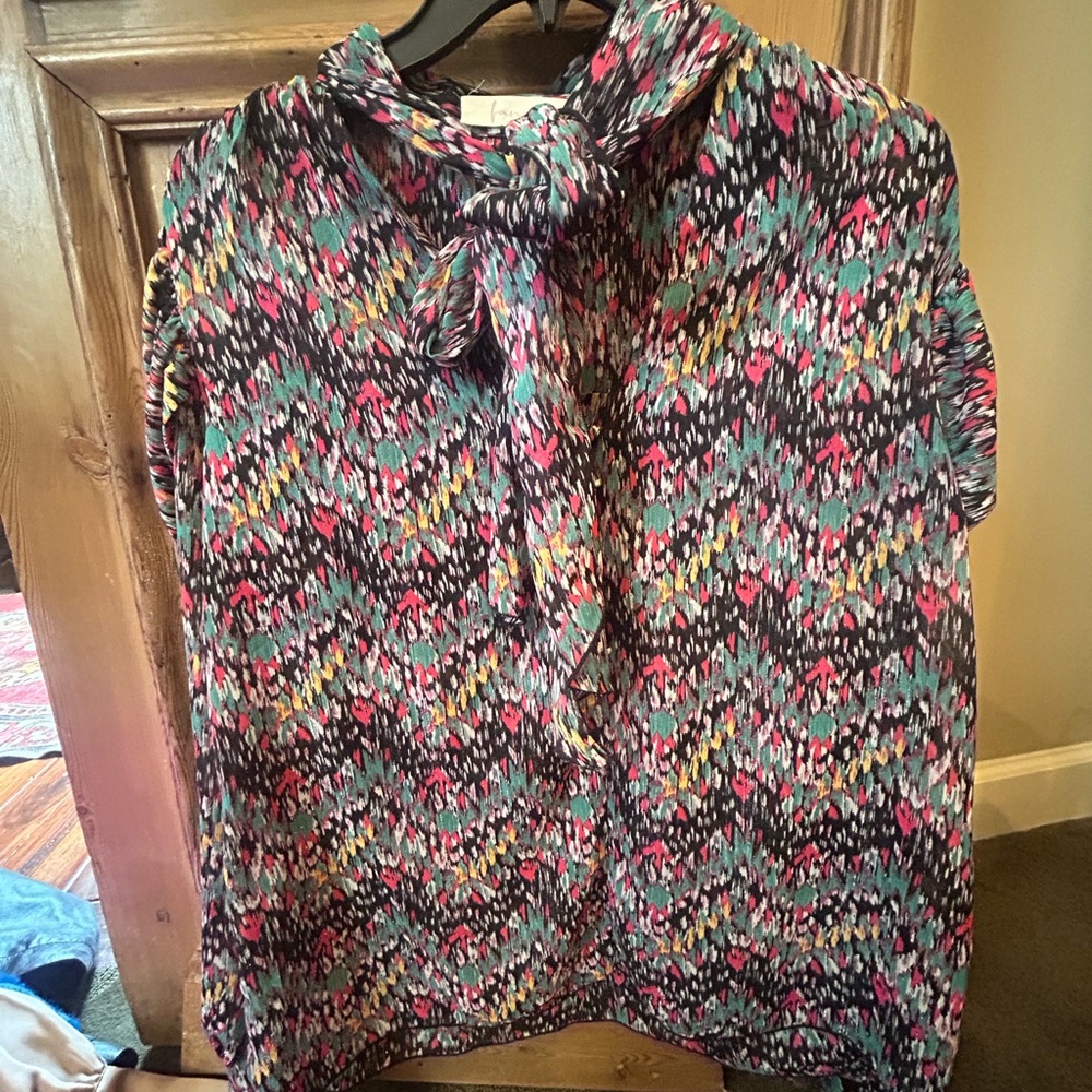 Tie-Neck Ikat Print Blouse in Teal & Pink